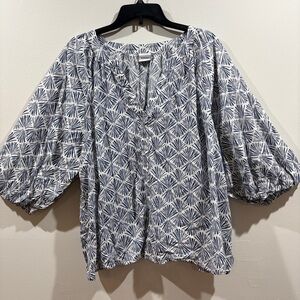 Plus Size Boho Blouse Puff Sleeve Cotton Modal Top Blue White Print 3X